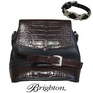 Brighton Black & Brown Croc Embossed Leather Shoulder Bag | Bonus Bracelet. EUC